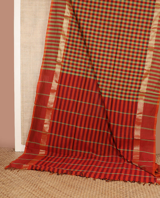 Multi-color checked design poly cotton saree, traditional zari border of stripes & striped pallu
