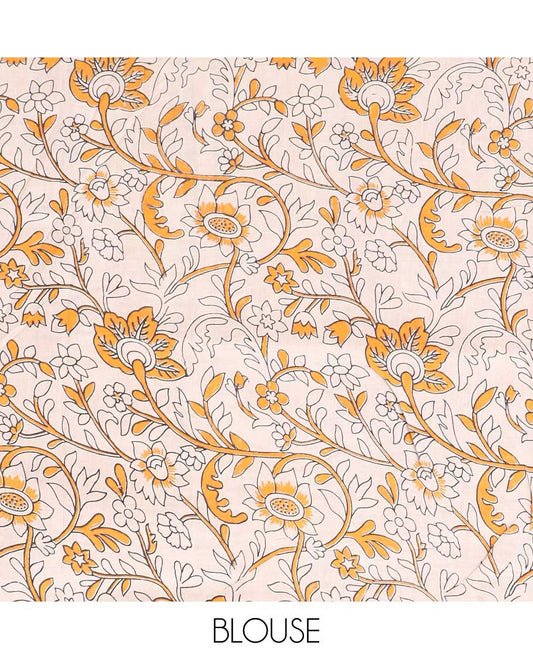 Brown floral vine machine-printed kalamkari cotton saree, contrast geometric border & intricate motifs pallu
