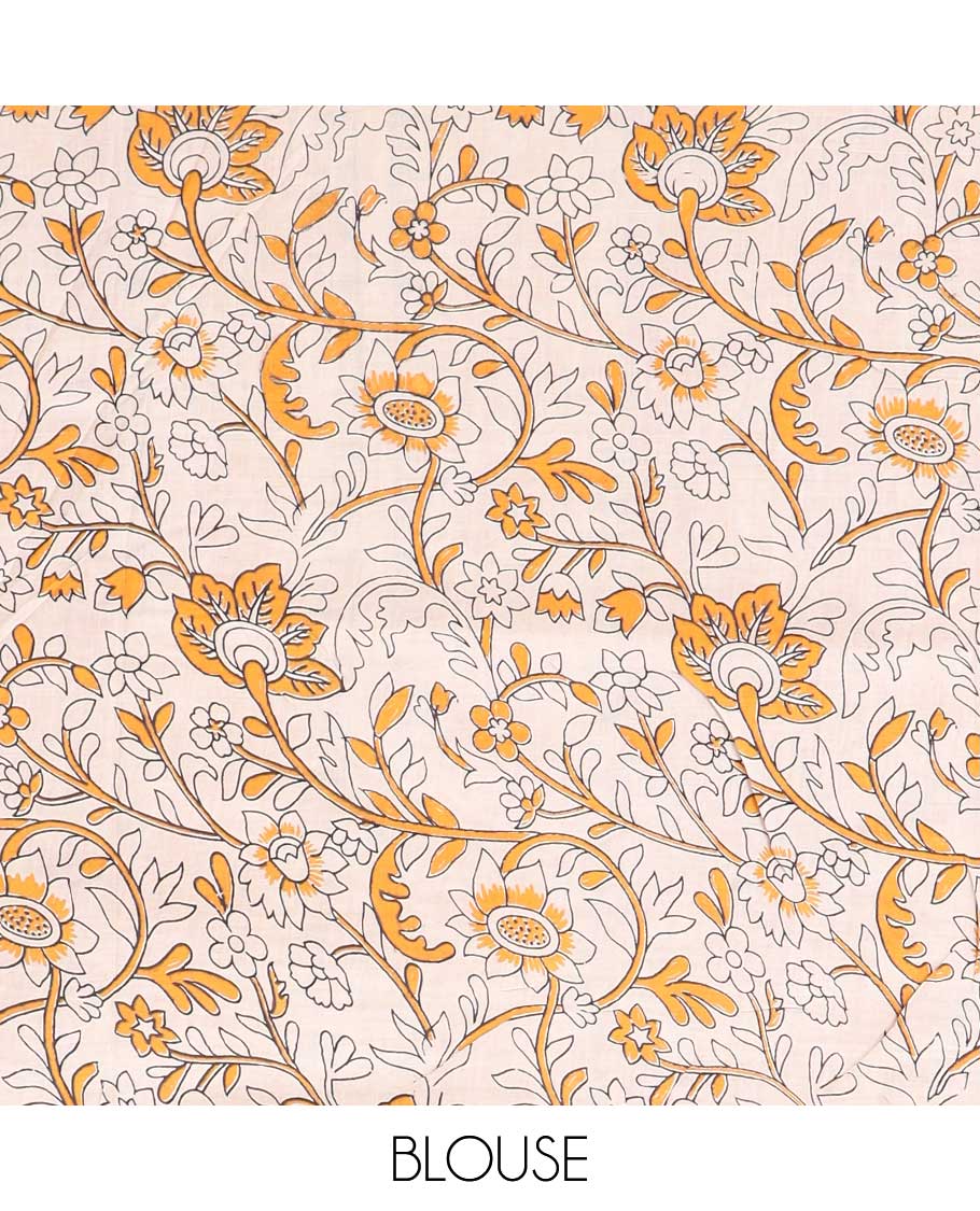 Brown floral vine machine-printed kalamkari cotton saree, contrast geometric border & intricate motifs pallu