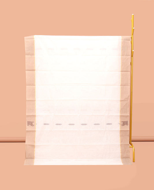 Cream Kanchi Cotton Saree, Woven with Buttas, Complemented by a Contrast Border, Pallu of Floral Design, and a Matching Blouse
