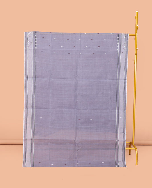Grey Bengal Cotton Saree, Featuring Thread Buttas, a Subtle Border, Pallu of Stripes and Buttas, and a Matching Blouse