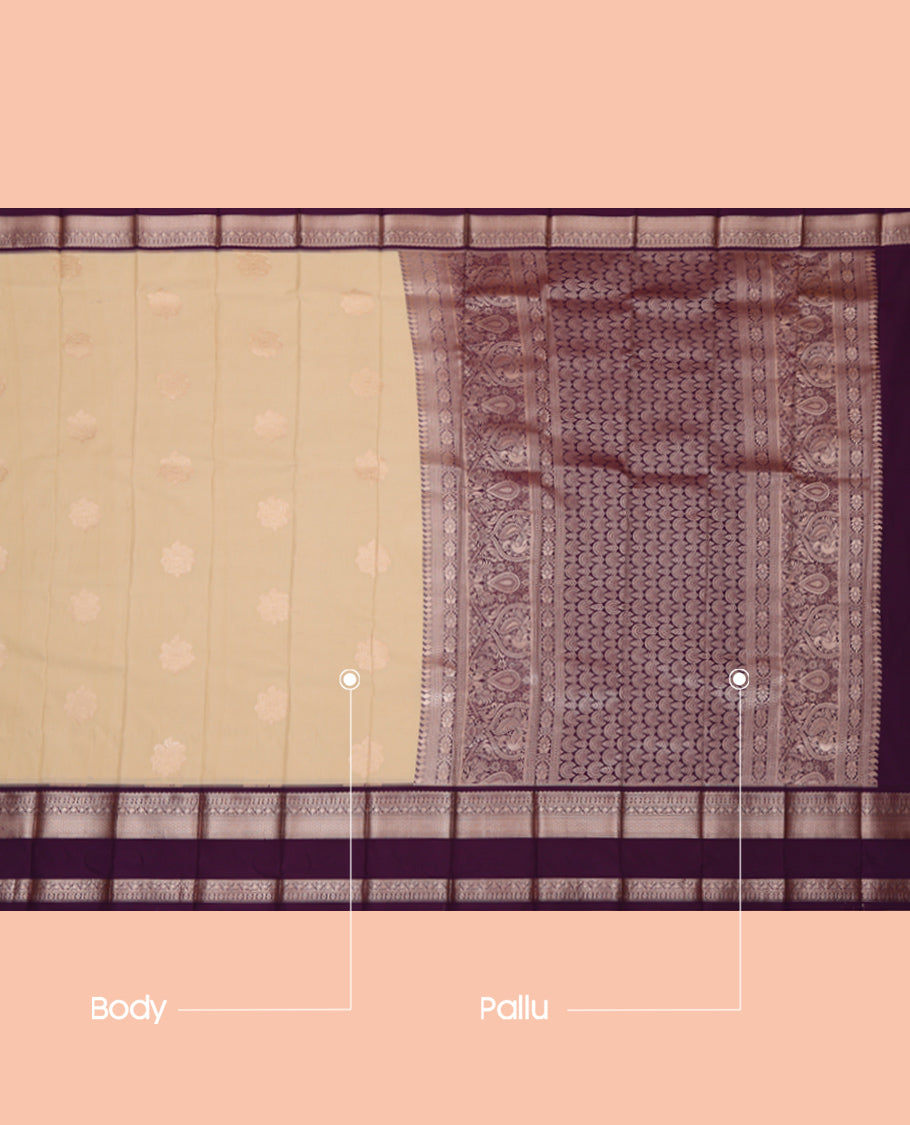 Sandal Budget Silk Saree, Sparsely Woven with Zari Buttas, Complemented by a Contrast Traditional Zari Rettai Pettu Border, Grand Pallu, and a Contrast Blouse