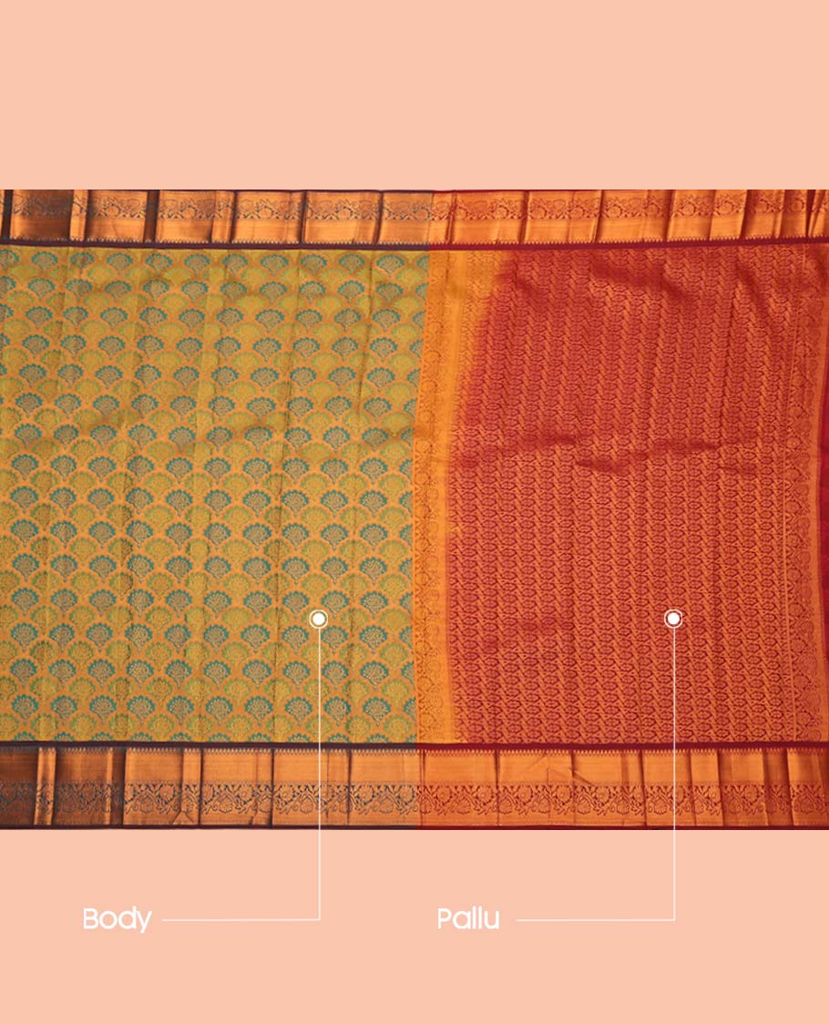 Yellow Budget Silk Saree, Spotlighted with Jacquard Design, Complemented by a Contrast Traditional Zari Border, Grand Pallu, and a Contrast Blouse