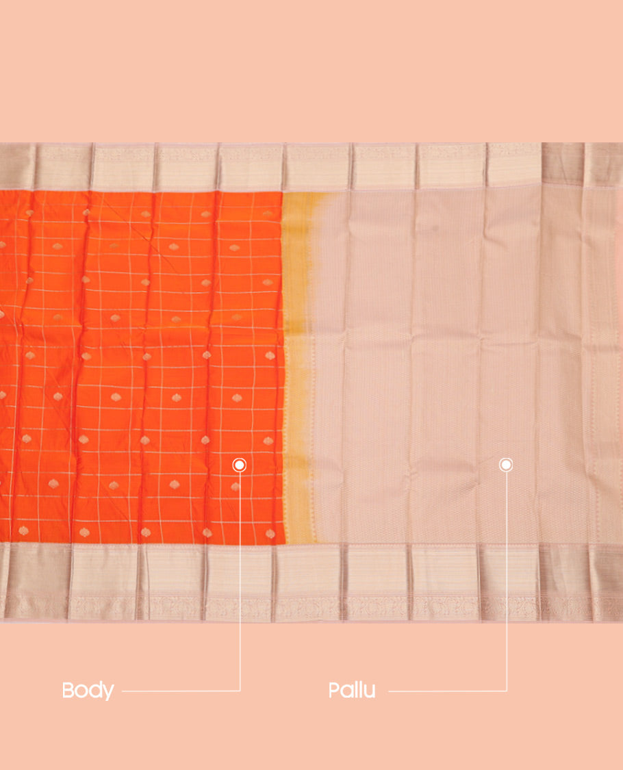 Orange Budget Silk Saree, Embellished with Zari Butta Enclosed Checks, Complemented by a Contrast Traditional Zari Border, Jaal Pallu, and Contrast Blouse