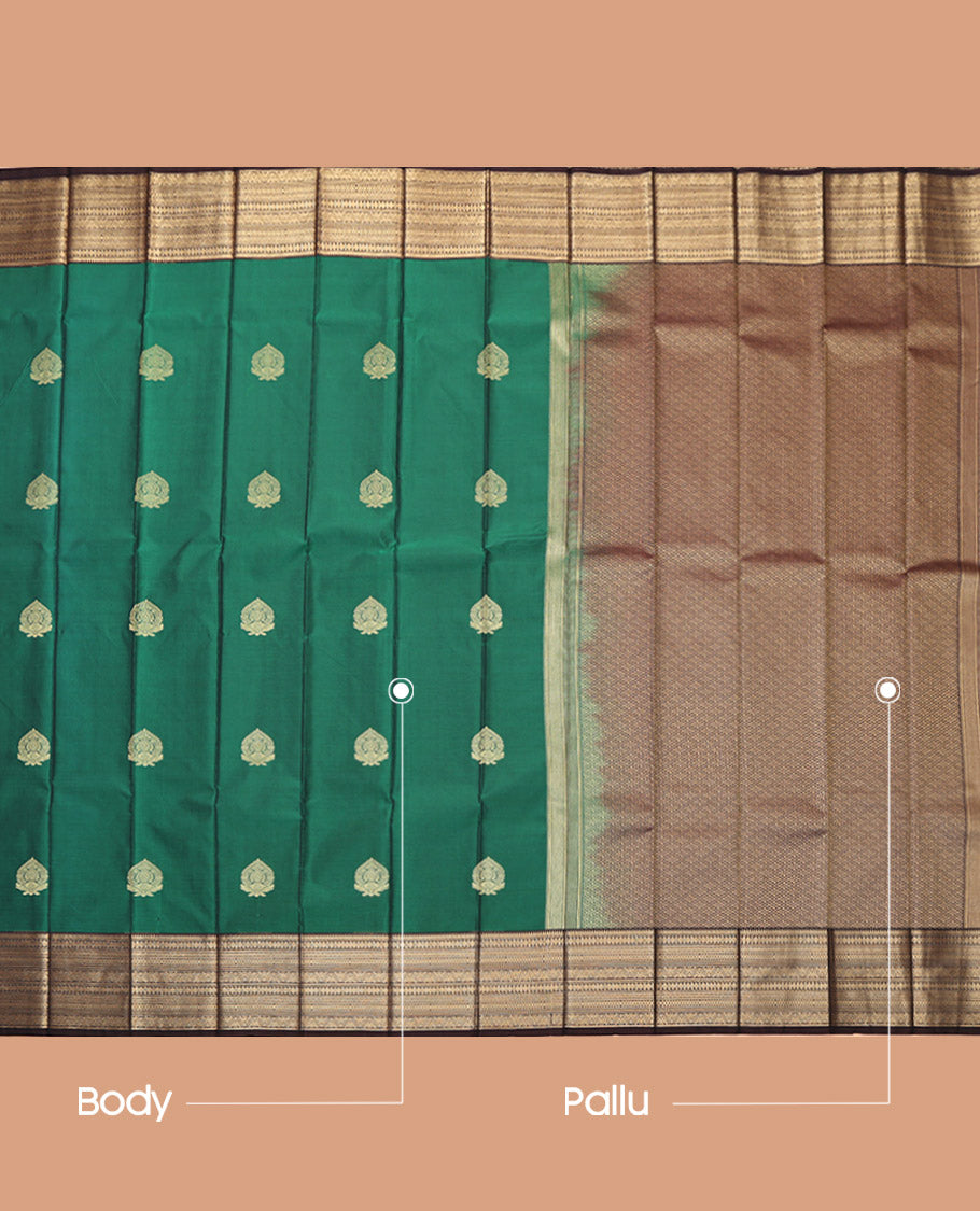 Green Budget Silk Saree, Elevated with Zari Buttas, Complemented by a Contrast Traditional Zari Border, Jaal Pallu, and a Contrast Blouse