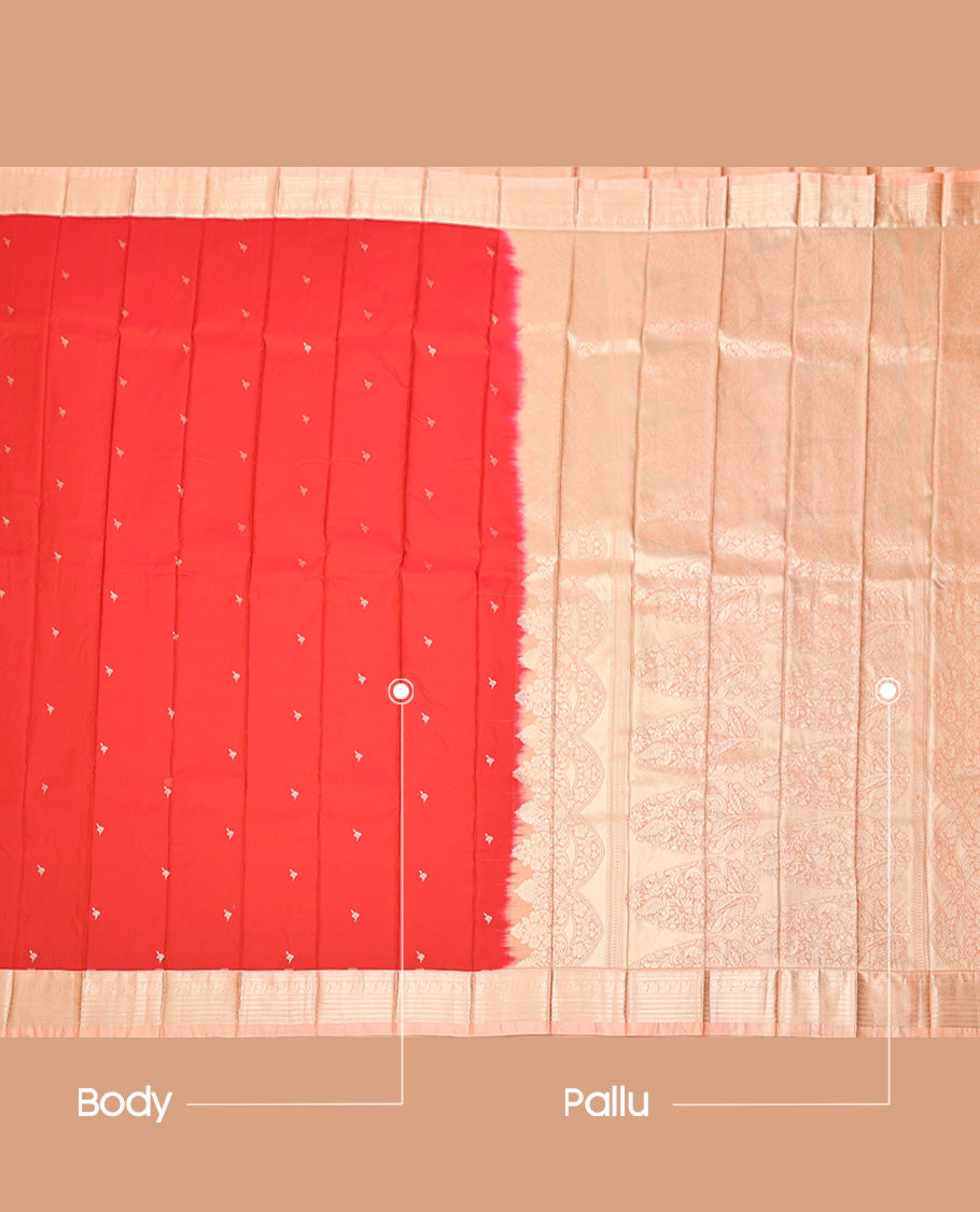 Red Budget Silk Saree, Beautified with Zari Buttas, Captivating Contrast Traditional Zari Design Border, Intricately Designed Pallu, and Has a Contrast Blouse
