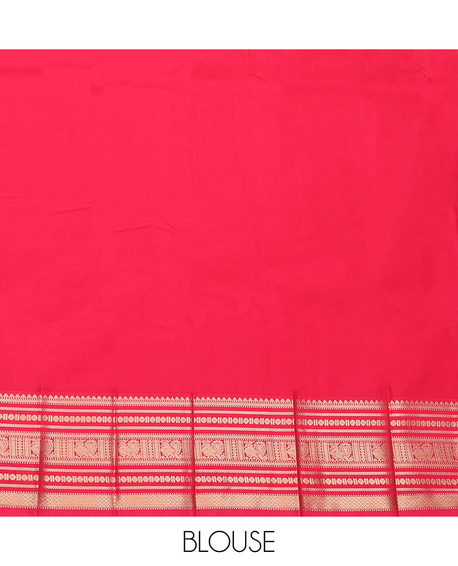 Orange Budget Silk Saree, Mesmerized with Zari Buttas, Complemented by a Contrast Traditional Zari Border, Geometric Pallu, and a Contrast Blouse