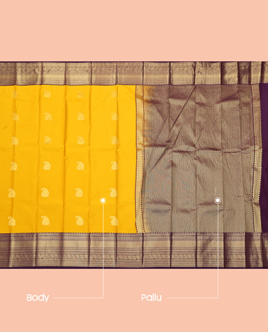 Yellow Budget Silk Saree, Sparsely Threaded with Zari Buttas, a Contrast Traditional Zari Design Border, Grand Pallu, and a Contrast Blouse