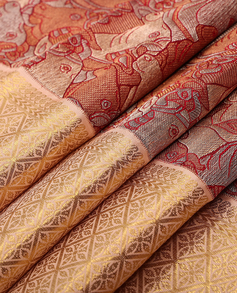 Red pichwai cow jacquard silk saree, contrast border of manga mokku,kathir & jaal design & intricate zari woven pallu