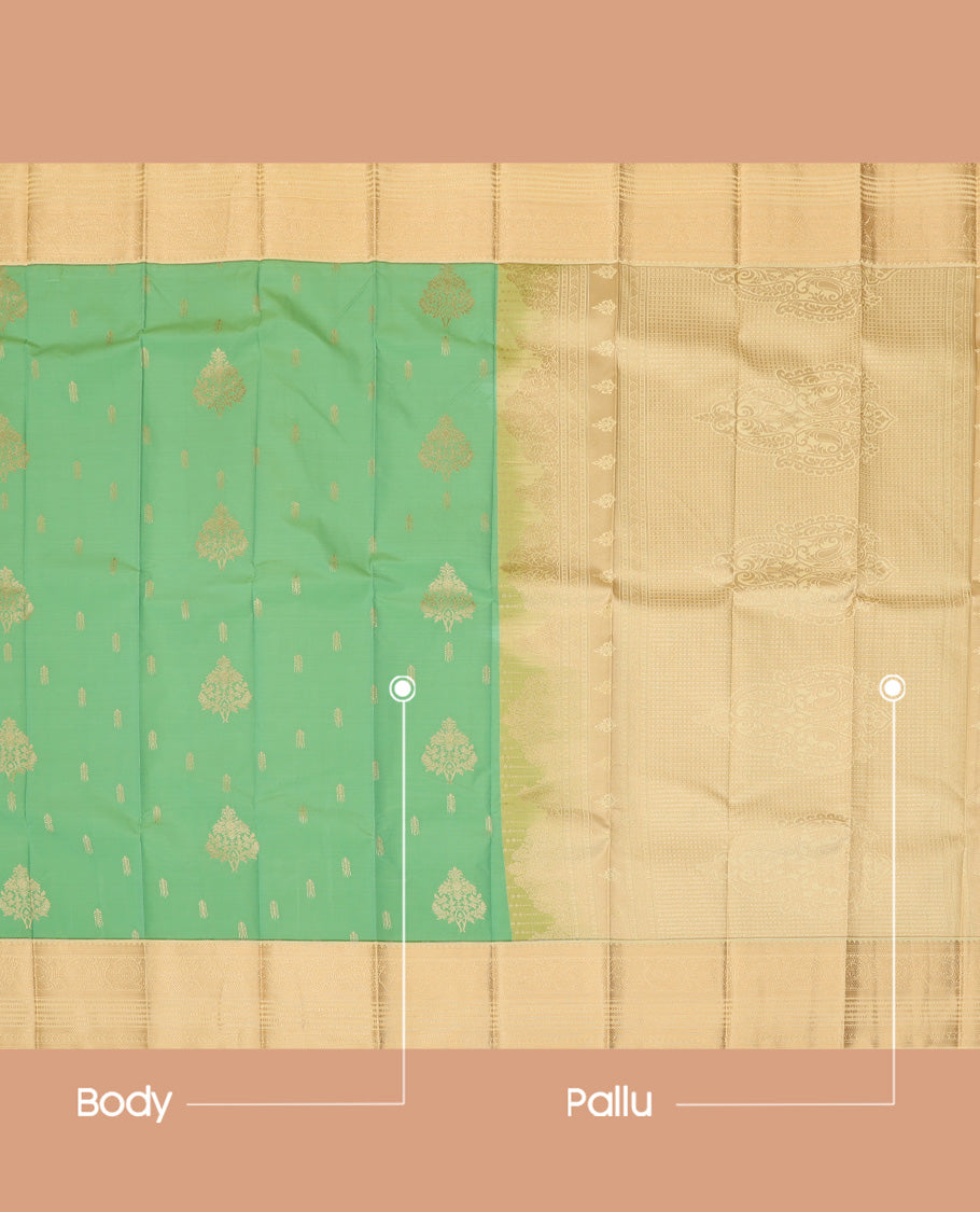 Pista Green Budget Silk Saree, Bedecked with Zari Buttas, a Contrast Traditional Zari Border, Grand Pallu, and a Contrast Blouse