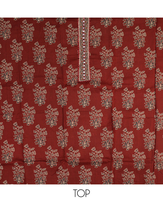 Maroon Material Chudidar Set, Elevated with Floral Printed Cotton Top, a Plain Cotton Bottom, and Paired with a Ajrakh Printed Cotton Dupatta