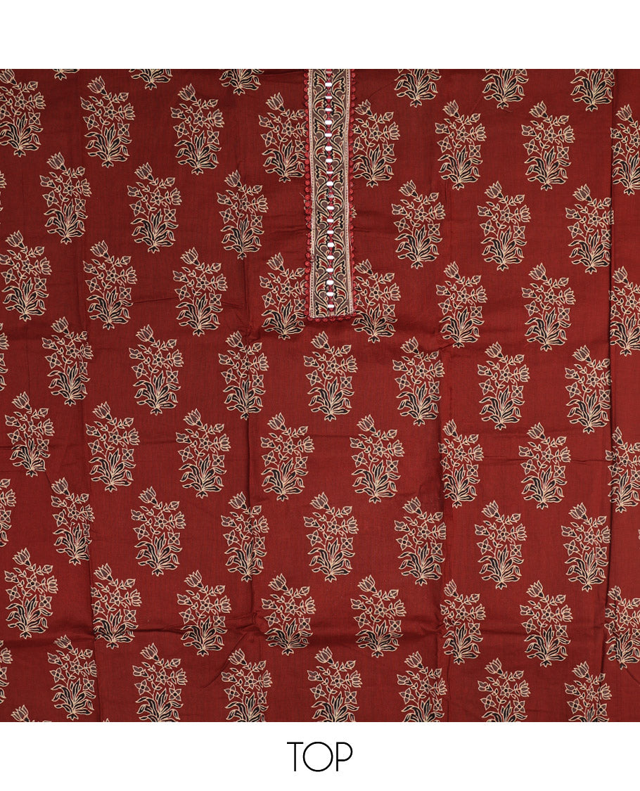 Maroon Material Chudidar Set, Elevated with Floral Printed Cotton Top, a Plain Cotton Bottom, and Paired with a Ajrakh Printed Cotton Dupatta