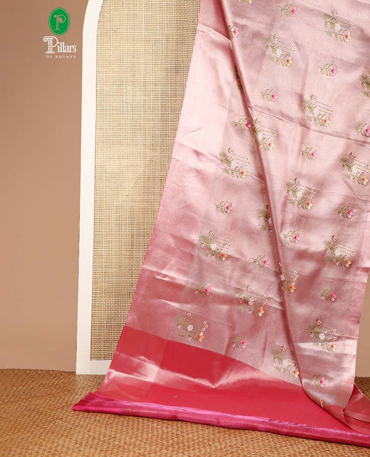 Pink floral embroidery tissue celebrity saree with pavanchi border & rich pallu along with tissue blouse