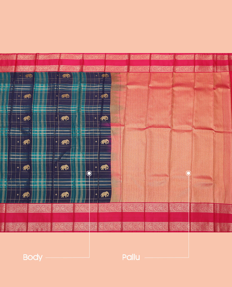 Navy-Peacock Green Checked Budget Silksaree Features Elephant Motifs, Contrast Rettaipettu Border, Contrast Blouse