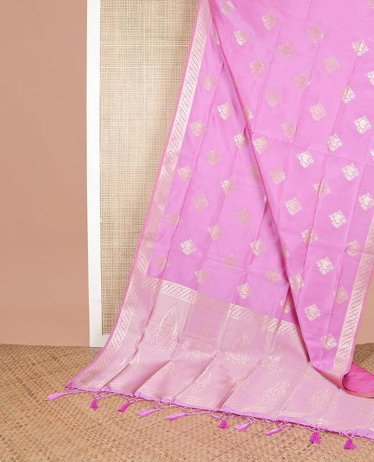 Baby pink flower motifs butter silk saree with self zari design border & floral design pallu