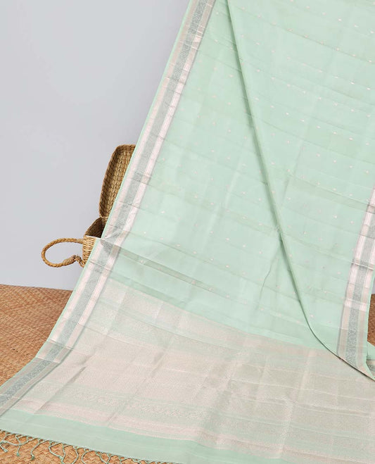 Green small buttas soft silk saree with saelf zari border & intricate zari design pallu