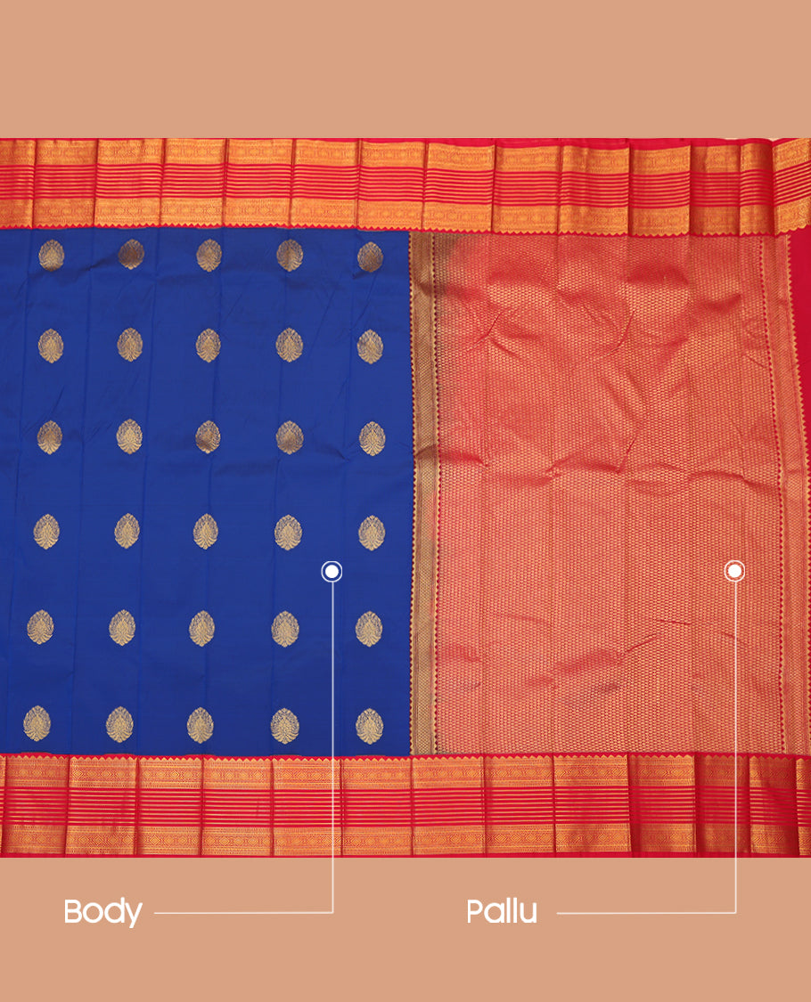 Blue Budget Silk Saree, Graced with Zari Buttas and Stripes, Complemented by a Contrast Traditional Zari Border, Grand Pallu, and Contrast Blouse