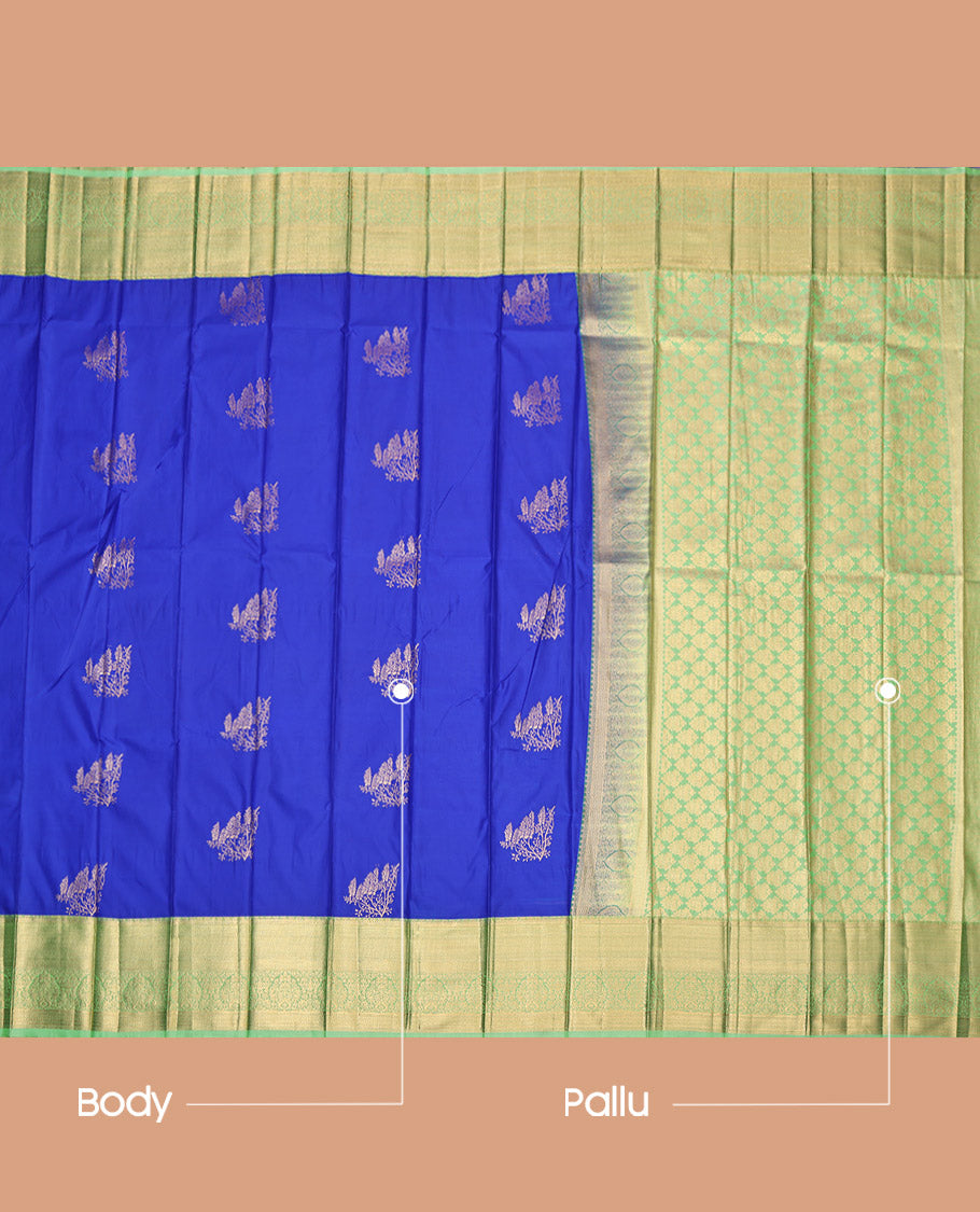 Royal Blue Budget Silk Saree, Embellished with Zari Buttas, Complemented by a Contrast Traditional Border, Grand Pallu, and a Contrast Blouse