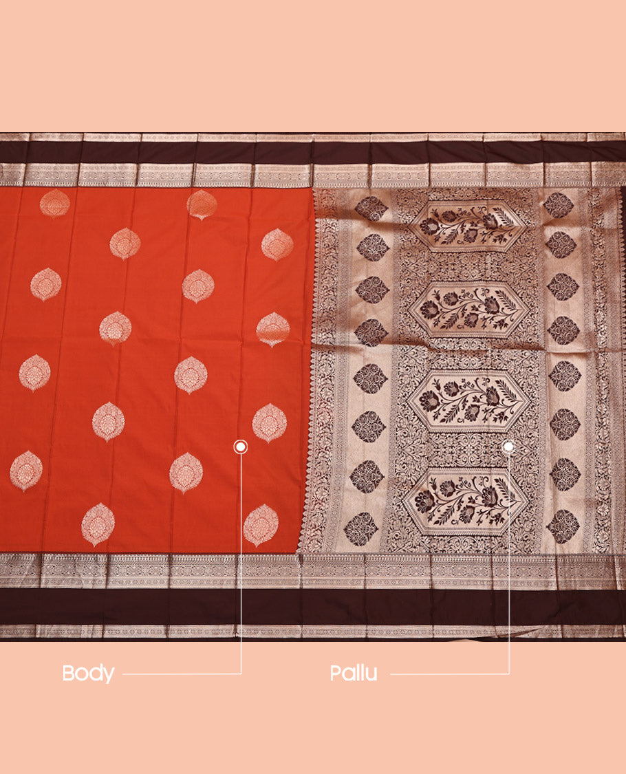 Orange Budget Silk Saree, Crafted with Zari Buttas, Complemented by Contrast Traditional Rettai Pettu Border, Grand Pallu and a Contrast Blouse