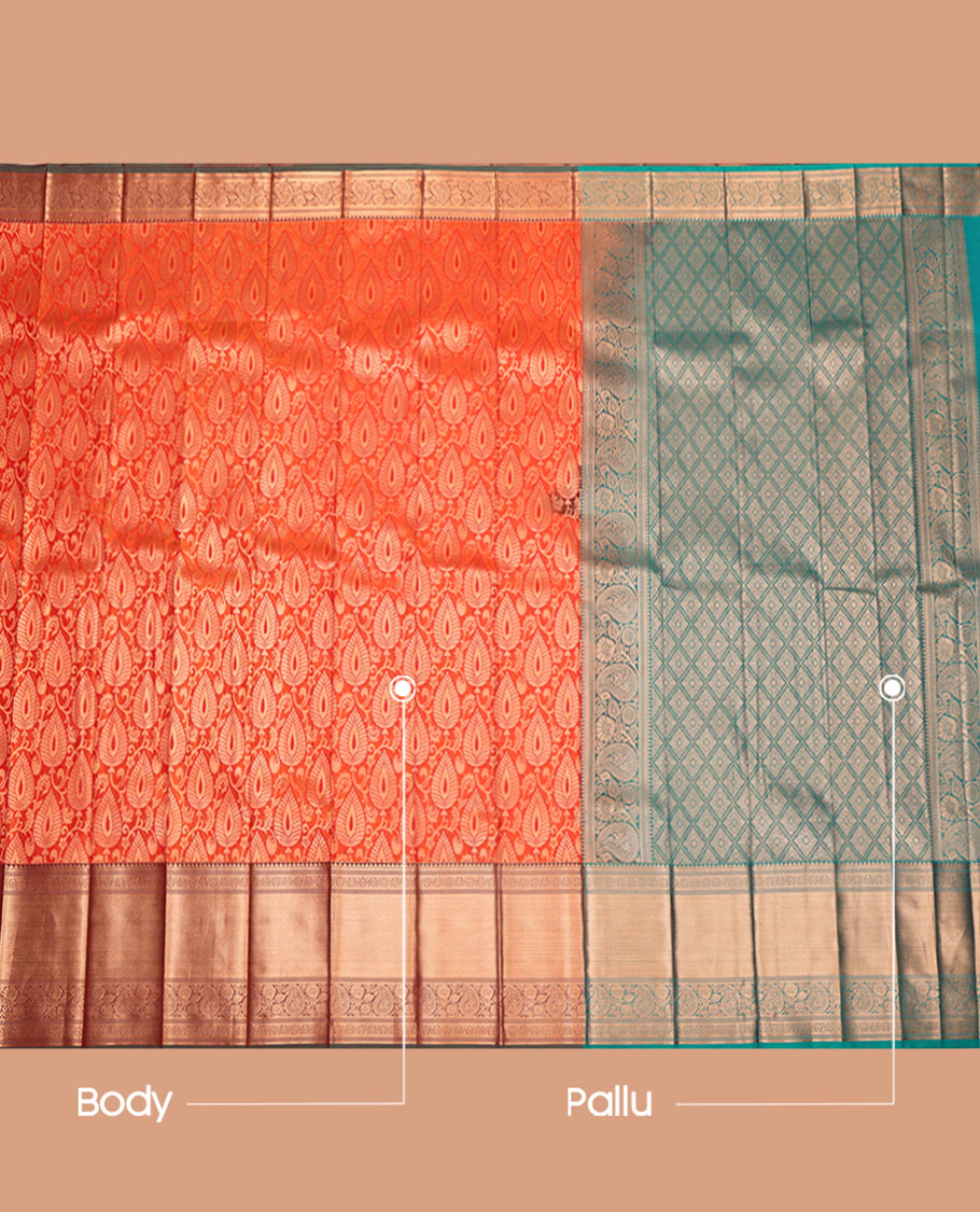Orange Budget Silk Saree, Gleamed Up with Jacquard Design, Complemented by a Contrast Traditional Zari Border, Jaal Pallu, and Contrast Blouse