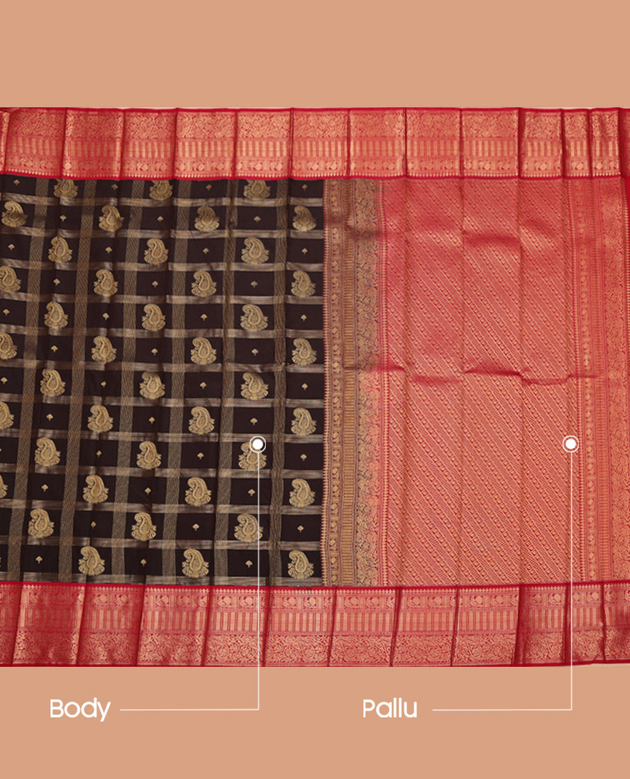 Brown Budget Silk Saree, Decked Up with Paisley Butta Enclosed Checks on Its Body, Complemented by a Contrast Traditional Zari Design Border, Grandly Decked Up Pallu, and Paired with a Contrast Blouse