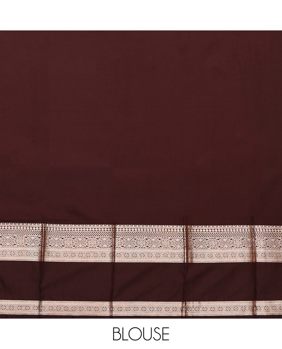 Orange Budget Silk Saree, Crafted with Zari Buttas, Complemented by Contrast Traditional Rettai Pettu Border, Grand Pallu and a Contrast Blouse