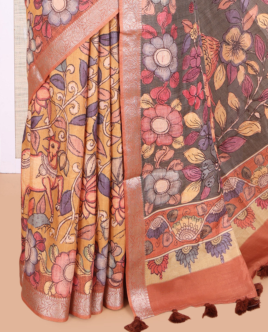 Pale Orange Kalamkari Printed Fancy Tussar Saree