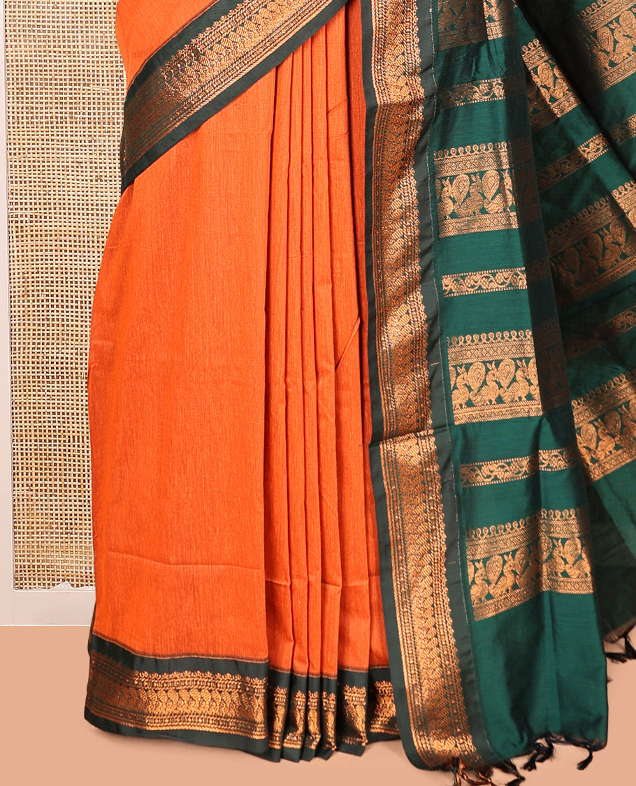 Orange Kalyani Cotton Saree, Crafted with Buttas, a Contrast Traditional Zari Border, Grand Pallu, and a Contrast Blouse