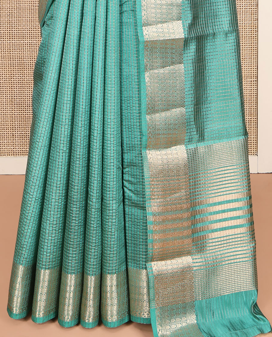 Green Dupion Silk Saree, Accentuated with Zari Micro-Checks, Highlighted by a Traditional Zari Design Border, Zari Striped Pallu, and a Matching Blouse