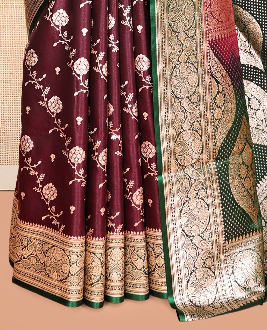 Purple Semi-Banarasi Saree, Decorated with Zari Buttas, a Contrast Intricate Border, Rich Pallu, Contrast Blouse