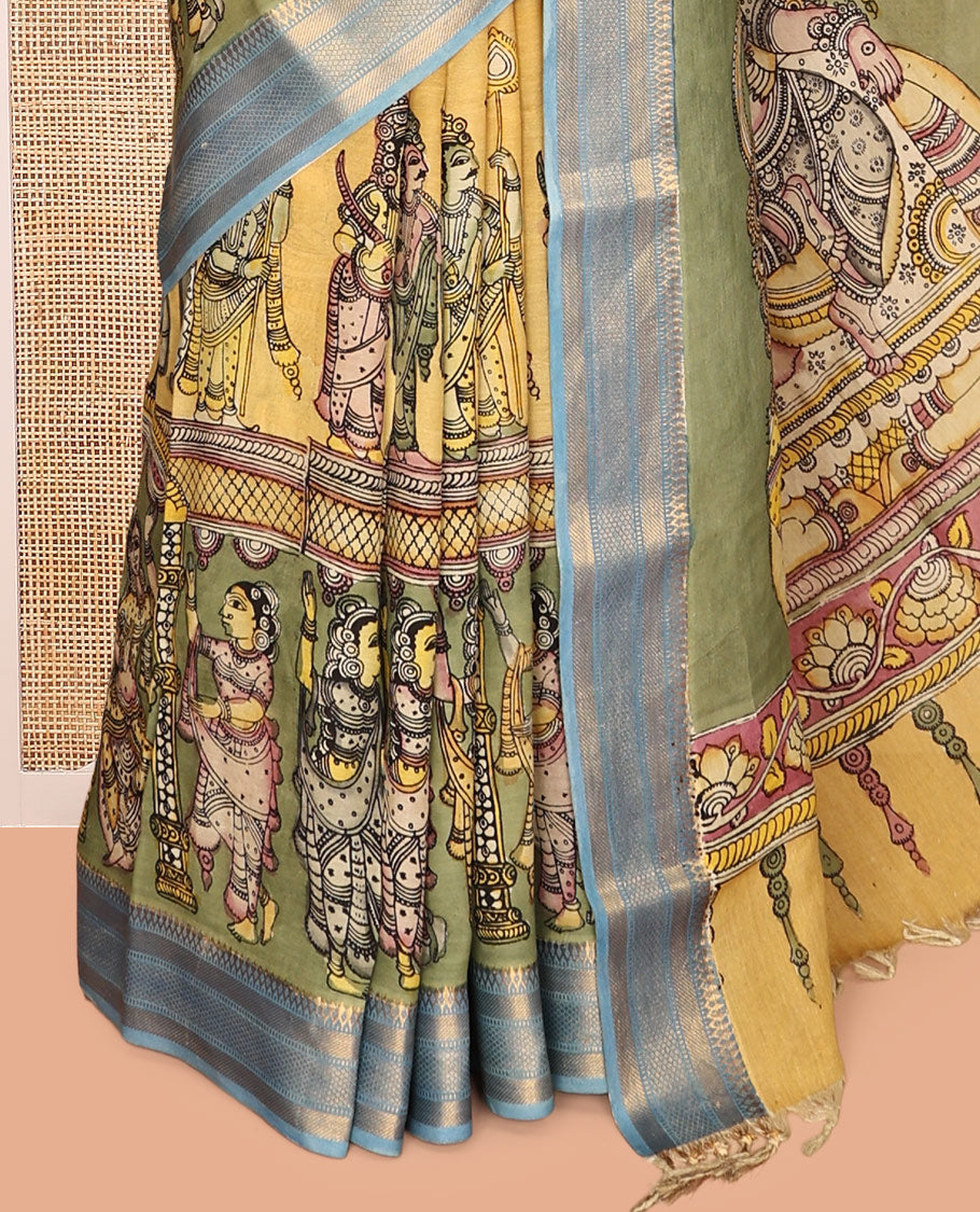 Yellow Kalamkari Silk Saree, Beautified with Ancient Human Figurines, a Contrast Traditional Zari Border, Pallu of Ancient Human Motifs, and a Contrast Blouse
