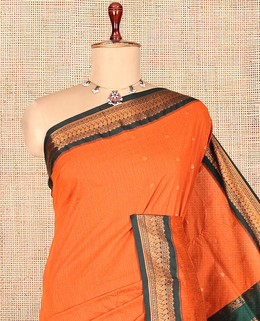 Orange Kalyani Cotton Saree, Crafted with Buttas, a Contrast Traditional Zari Border, Grand Pallu, and a Contrast Blouse