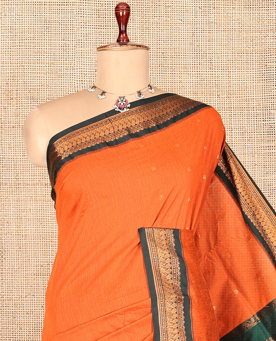 Orange Kalyani Cotton Saree, Crafted with Buttas, a Contrast Traditional Zari Border, Grand Pallu, and a Contrast Blouse