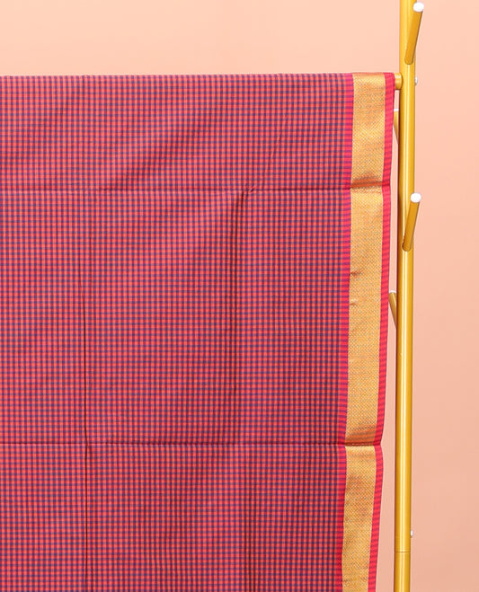 Multi-Color Poly Cotton Saree, Detailed with Micro-Checked Design on Its Body, Highlighted by a Self-Border, Striped Pallu, and Paired with a Contrast Blouse