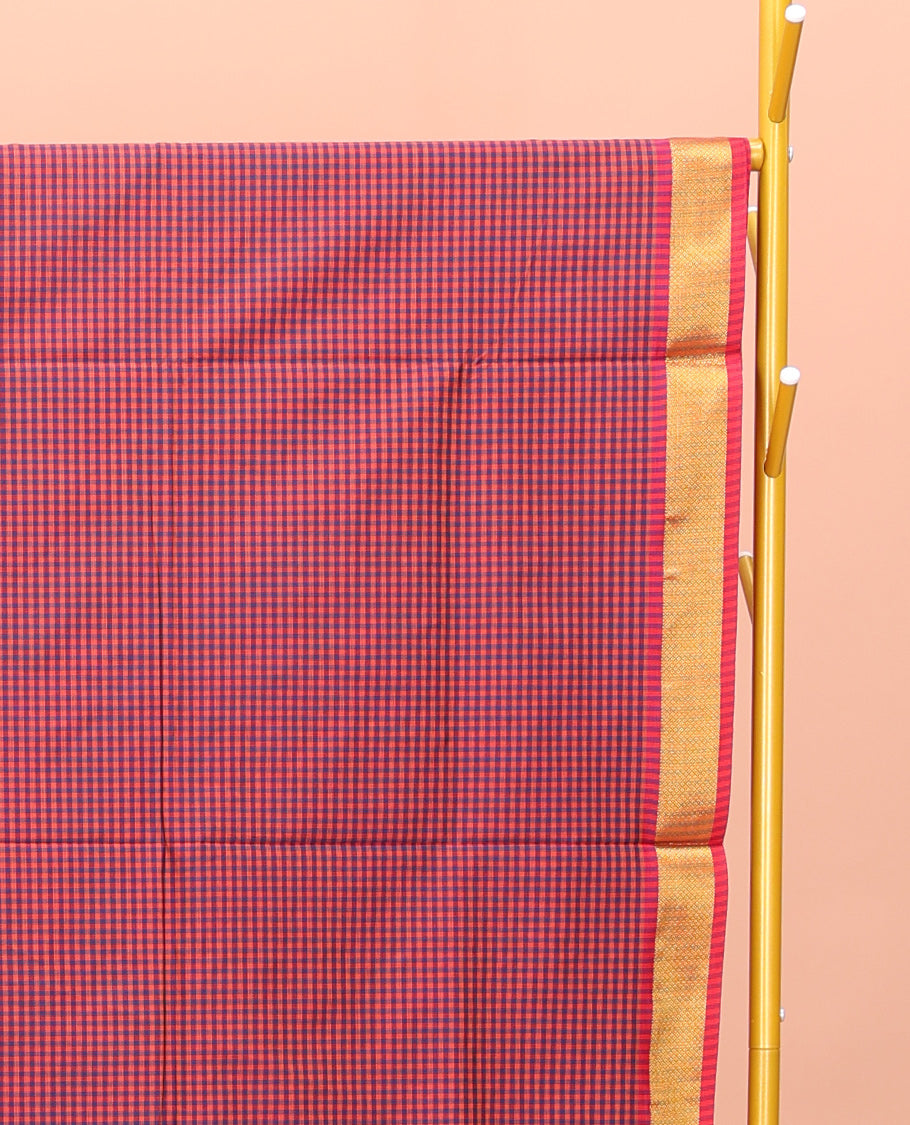 Multi-Color Poly Cotton Saree, Detailed with Micro-Checked Design on Its Body, Highlighted by a Self-Border, Striped Pallu, and Paired with a Contrast Blouse