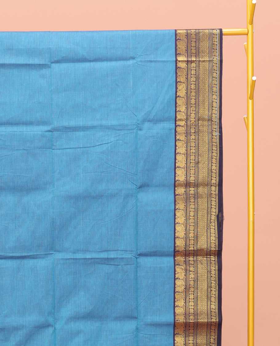 Blue Plain Chettinad Cotton Saree, Complemented by a Contrast Traditional Zari Design Border, Pallu of Stripes, and Paired with a Matching Blouse