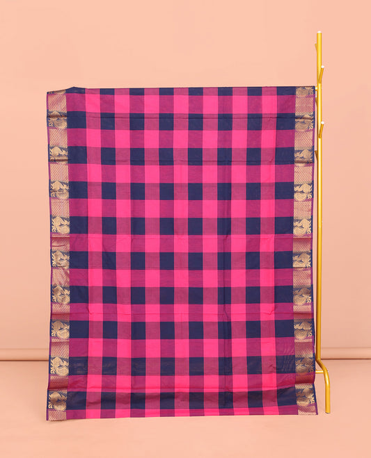 Blue-Pink Chettinad Cotton Saree, Detailed with Checks, Highlighted by Traditional Peacock Border, Striped Pallu, and No Blouse