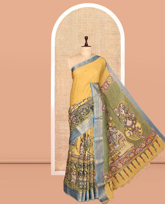Yellow Kalamkari Silk Saree, Beautified with Ancient Human Figurines, a Contrast Traditional Zari Border, Pallu of Ancient Human Motifs, and a Contrast Blouse