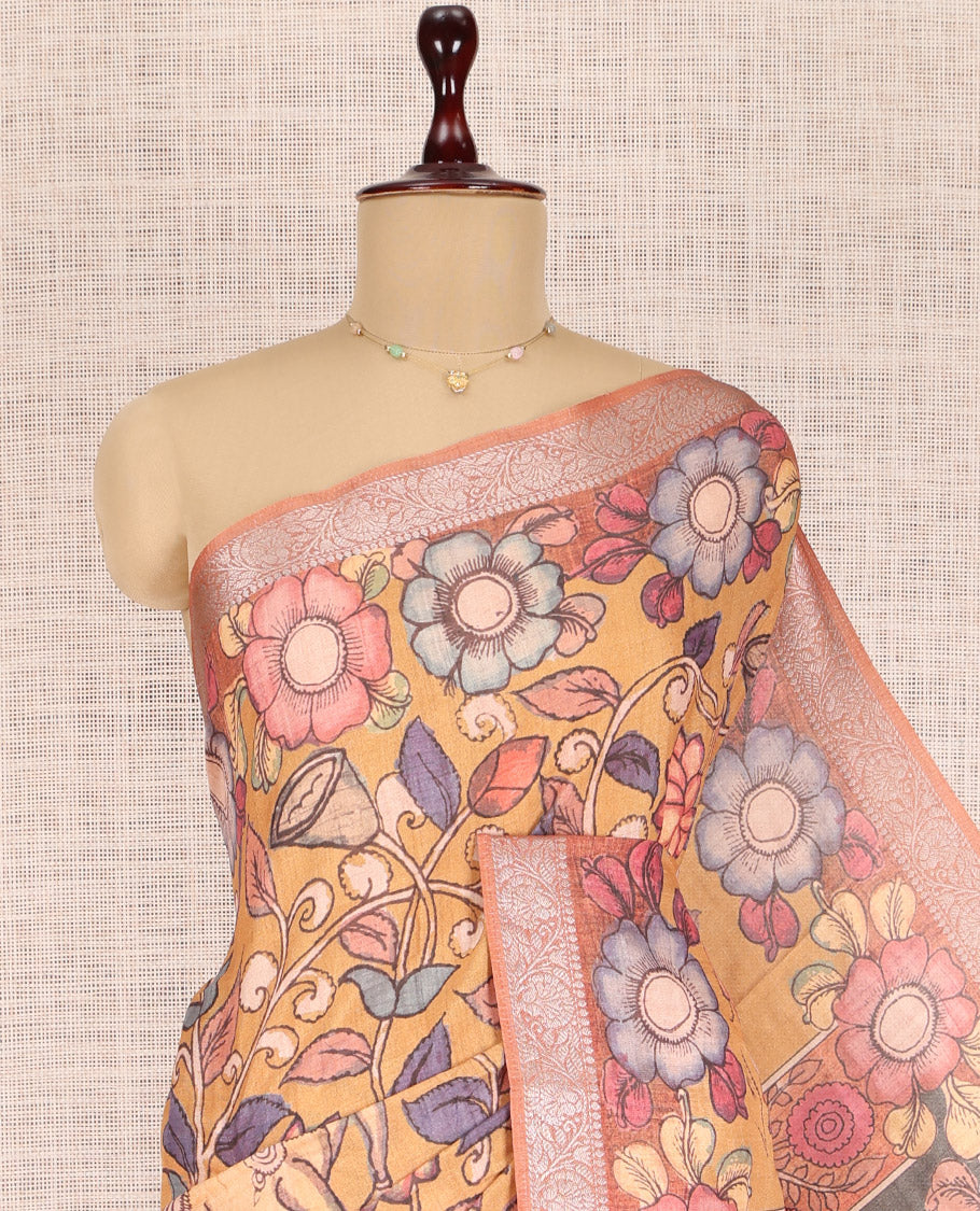 Pale Orange Kalamkari Printed Fancy Tussar Saree