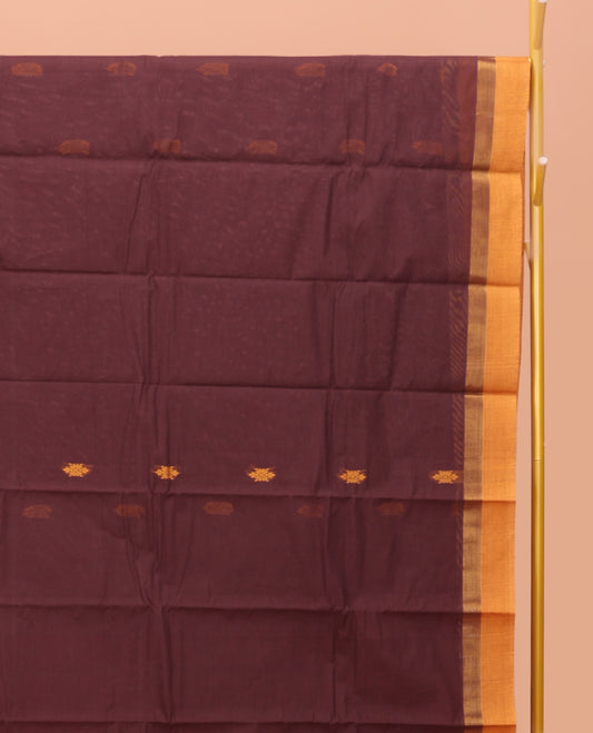 Brown Kanchi Cotton Saree, Adorned with Thread Buttas on Its Body, Complemented by a Contrast Border, Intricately Designed Pallu, and a Matching Blouse