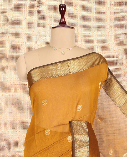Mustard Maheshwari Cotton Saree, Ornamented with Zari Buttas, a Contrast Traditional Zari Border, Zari Buttas Woven Pallu, and a Matching Blouse