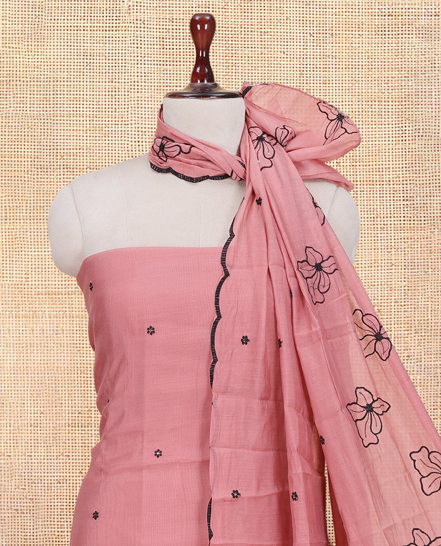 Onion Pink Mul Chanderi Material Churidar Features Floral Thread Embroidered Top, a Matching Bottom, and an Scallop Embroidered Dupatta
