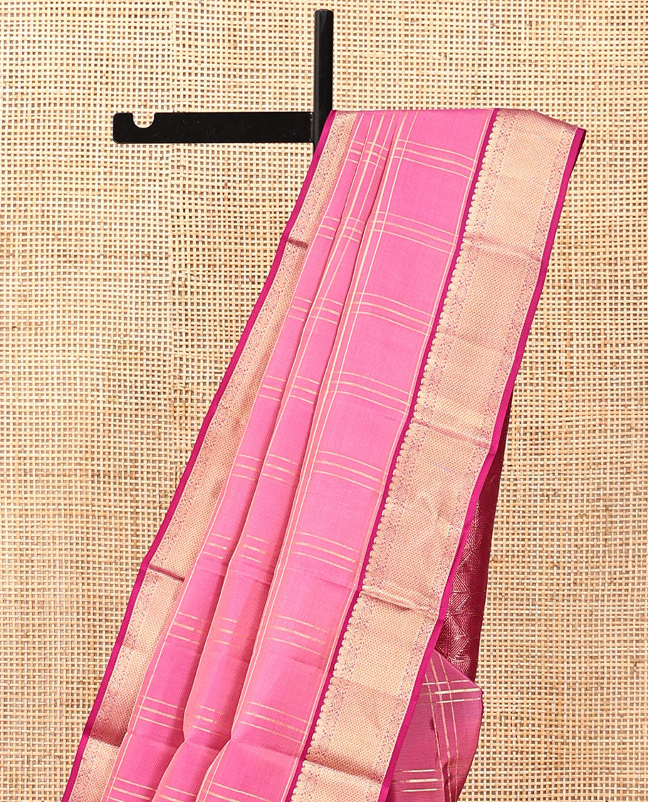 Pink Kanchipuram Silk Saree, Accentuated with Zari Checks, Complemented By Contrast Border, of Manga, Rekku, Banaras, Arai Maadam Designs,  Jaal Pallu, and a Contrast Blouse