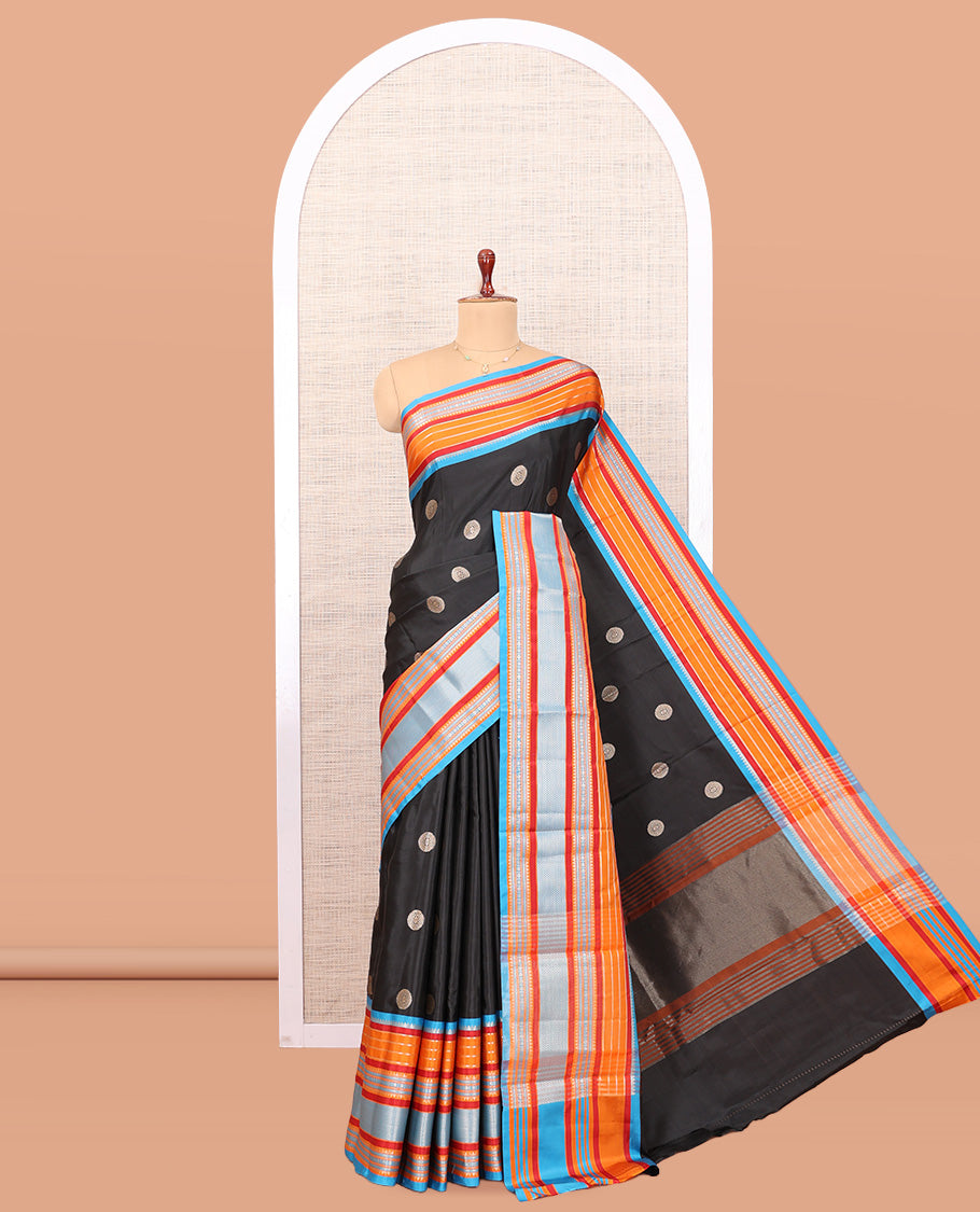 Black Chakram Buttas Semi-Soft Silk Saree