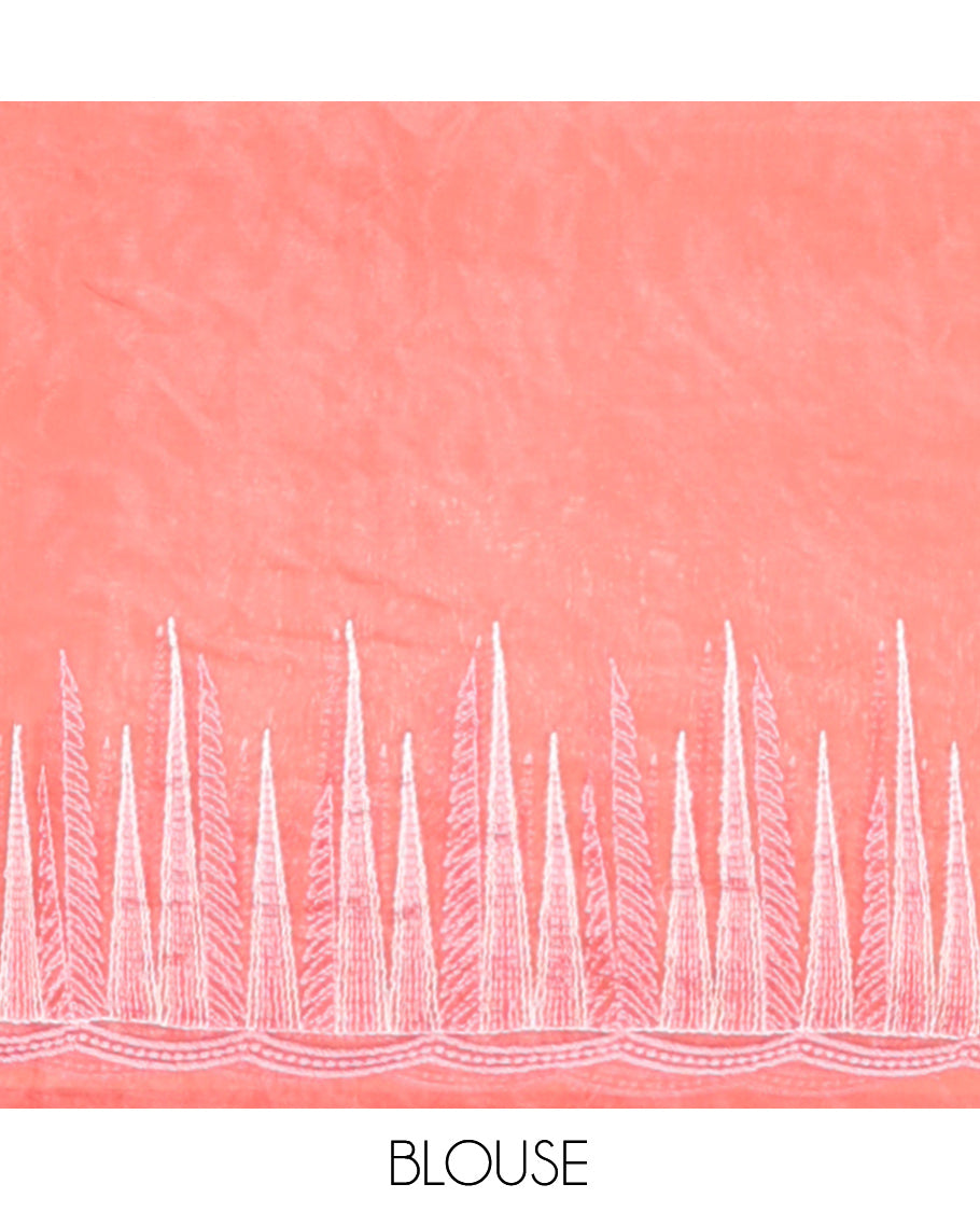 Pink Organza Saree, Finely Crafted with Tropical Floral Embroidery Design, a Scallop Embroidered Border, and a Matching Blouse