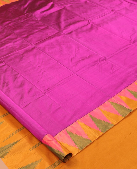 Magenta Pink Plain Bangalore Silk Saree, a Complemented by a Contrast Temple Border, Striped Pallu, and a Contrast Blouse
