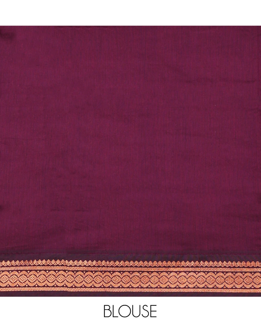 Orange Kalyani Cotton Saree, Graced with Buttas All Over Its Body, Complemented by a Contrast Traditional Zari Design Border, Pallu Features Traditional Zari Designs, and Paired with a Contrast Blouse