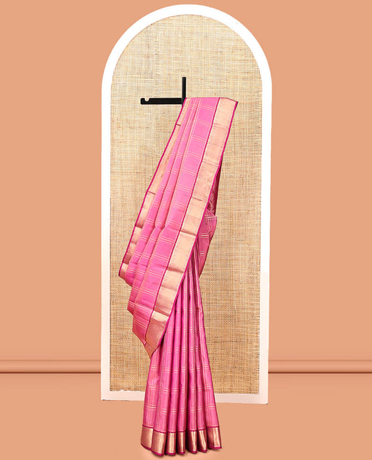 Pink Kanchipuram Silk Saree, Accentuated with Zari Checks, Complemented By Contrast Border, of Manga, Rekku, Banaras, Arai Maadam Designs,  Jaal Pallu, and a Contrast Blouse