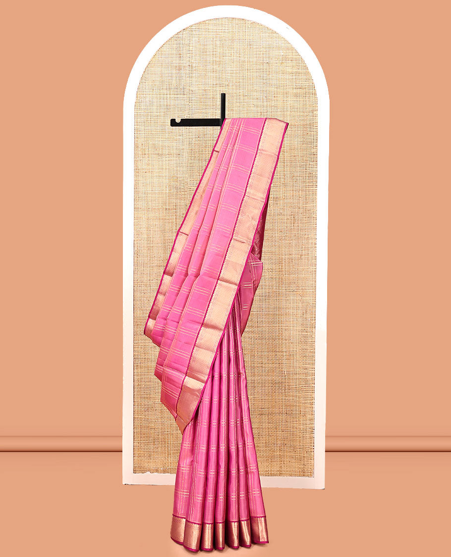 Pink Kanchipuram Silk Saree, Accentuated with Zari Checks, Complemented By Contrast Border, of Manga, Rekku, Banaras, Arai Maadam Designs,  Jaal Pallu, and a Contrast Blouse