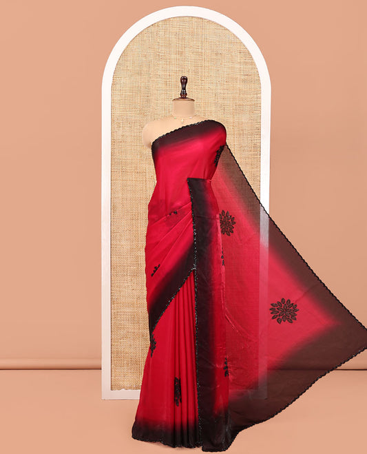 Red Designer Saree, Accentuated with Floral Print and Outline Stone Work All Over Its Body, Scallop Embroidered Border, and Paired with a Matching Blouse